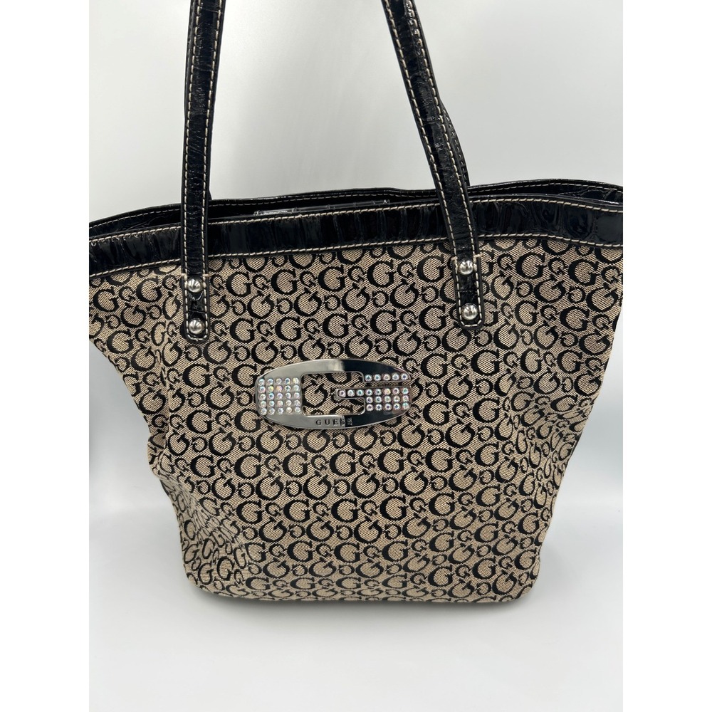 Guess Monogram Tote Bag Black Tan Canvas Rhinestone G Logo Y2Kโ Purse